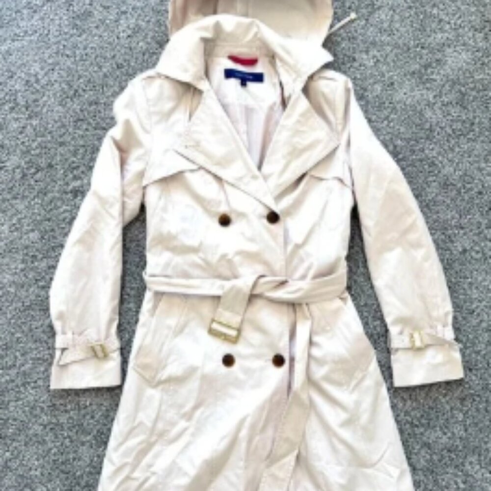 Cole Naan Women’s Double Breasted Oatmeal Classic Belted Hooded Trench Coat S/P